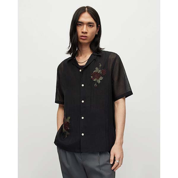 Allsaints Australia Mens Wildrose Embroidered Sheer Shirt Black AU41-938